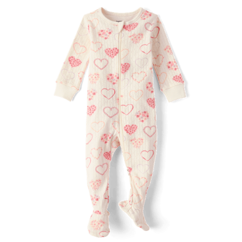 Baby Girls Floral Heart Pointelle Footed One Piece Pajamas - White