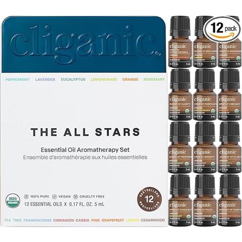 Cliganic Organic Aromatherapy TOP 12 Essential Oils Set, 100% Pure - Peppermint, Lavender, Eucalyptus, Tea Tree, Lemongrass, Rosemary, Frankincense, Orange, Lemon, Cassia, Cedarwood & Grapefruit
