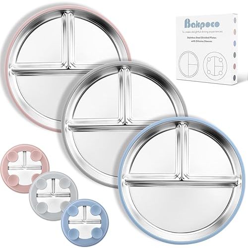 Stainless Steel Suction Plates for Toddlers, 9" Divided Kids Baby Plates with Removable Silicone Suction, Non Toxic Non Slip Portion Control Snack Dishes 3 Packs, Blue Gray Blush