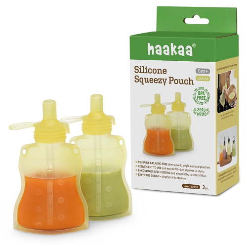 Haakaa Yummy Pouch 2 Pack – Silicone Reusable Baby Food Pouches for Feeding - Lemon