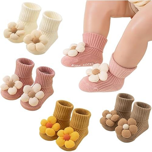 WillingTee 4Packs Baby Girls Socks,Flower Non-Slip Grips for Babies Toddler Princess Low Cut Ankle Socks for Girls