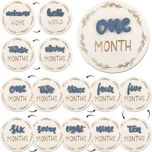 Baby Monthly Milestone Cards, Wooden 3D Baby Milestone Signs, Double Sided Blue Monthly Baby Milestone for Newborn Boy Girl 1-12 Months Photos