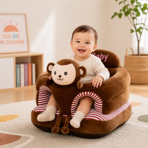 Baby Seat for 3-24 Month, Infant Back Support Floor Chair, Plush Cartoon Animals Baby Sofa, Toddler Floor Seater for Sitting Up, Portable Activity Seat for Babies (Monkey)