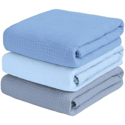 Muslin Swaddle Blankets for Baby Boy - 3 Pack 47x47 Inch Large Receiving Blankets, Soft Breathable Cotton Nursery Swaddles for Newborns, Infant & Todler, Blue