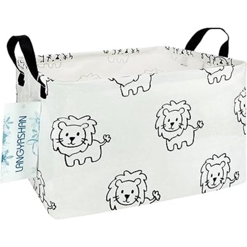 LANGYASHAN Rectangular Storage Bin Collapse Canvas Fabric Cartoon Storage Basket with Handles for Organizing Home Kitchen Boys and Girls Toys Office Closet Shelf Baskets (Rec lion)