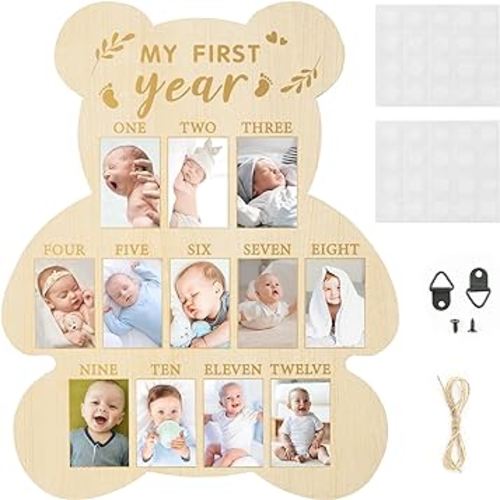 R HORSE My First Year Photo Display Wood Board, Baby’s First Year Picture Frame 12 Months Milestone Board Bear Shape Birthday Baby Keepsake Nursery Decor Gift for Boy Girl