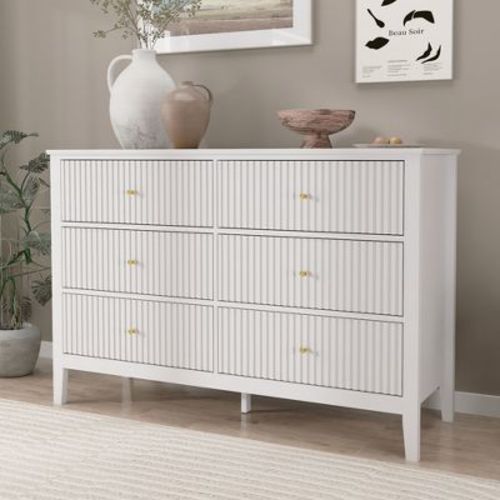 6 Drawers Dresser, Fluted Chest Of Drawers With Storage, Modern Wood Wide Storage Dresser With Paint Design