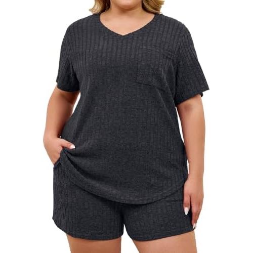Womens Plus Size Lounge Sets 2 Piece Short Sleeve Tops and Shorts Sleepwear Pajama Set with Pockets