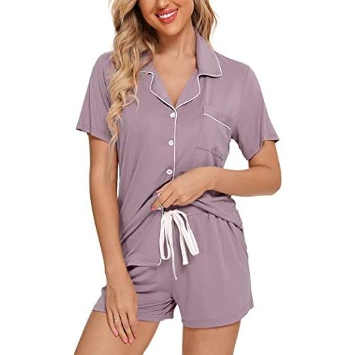 Pjmlifecoco Women's Modal Pajama Set Short Sleeve Button Down Two Piece Soft Sleepwear with Shorts Loungewear S-XXL