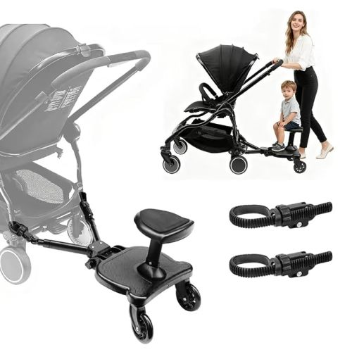 Newly Upgraded 2 Child Stroller Board, Rubber Locking Buckle, 2-in-1 Universal Stroller Board with Detachable Seat, Raised and Widened Base, Holds up to 55 lbs for Kids Aged 3-7