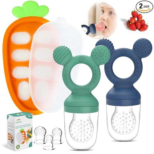 Baby Fruit Feeder Set – 3-Size Silicone Teether with Ice Cube Tray | Leakproof Self-Feeder for 3-24 Months | BPA-Free, Dishwasher Safe | Baby-Led Weaning Essential (Green Blue)