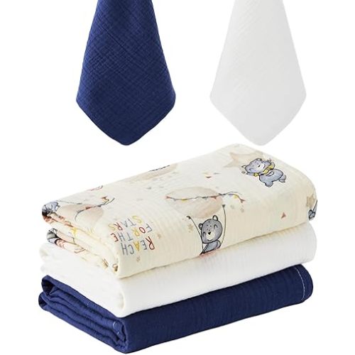 RILIHO 5 Pack Muslin Swaddle Blankets & Baby Burp Cloths, Soft & Breathable Cotton Baby Blankets, Receiving Blankets for Newborn, Nursery Infant Essentials, Swaddling Wrap for Unisex (Navy & White)