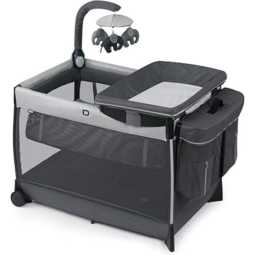 Chicco Lullaby® Zip All-in-One Portable Playard, Infant Bassinet and Changer, Electronic Toy Bar, Toddler Playard, Travel Friendly | Driftwood/Grey