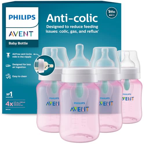 Philips Avent Anti-Colic Baby Bottle with AirFree Vent, Medium Flow, 9 oz | For Ages 1 Month+, Reduces Colic, Gas & Reflux, Flow 2 Nipple with Secure Latch System, BPA-Free, 4-Pack, Pink, SCY703/14