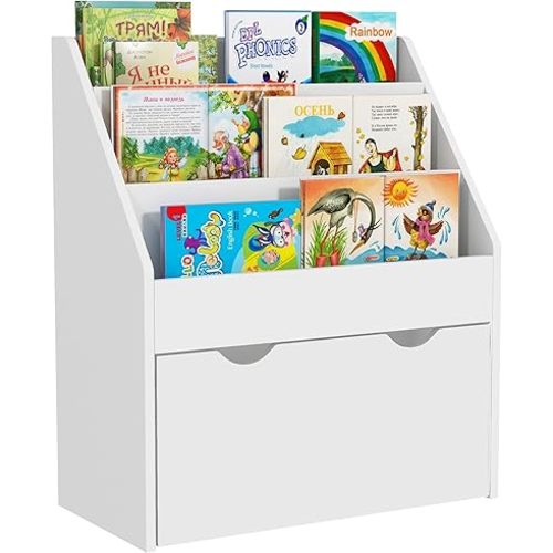 Qaba Kids Bookshelf, Bookcase Toy Storage Organizer with 3 Tier Display Shelves, Drawer, for Nursery, Bedroom, Living Room, Classroom, White