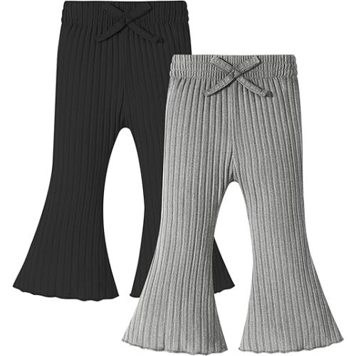 2 Pack Toddler Baby Girl Pants Flare Leggings Soft Ribbed Elastic Bow Waist Solid Infant Girl Ruffle Bell Bottoms