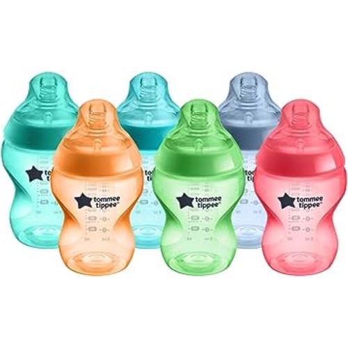 Tommee Tippee Closer to Nature Baby Bottles, Fiesta Collection Slow Flow Breast-Like Nipple with Anti-Colic Valve (9oz, 6 Count)