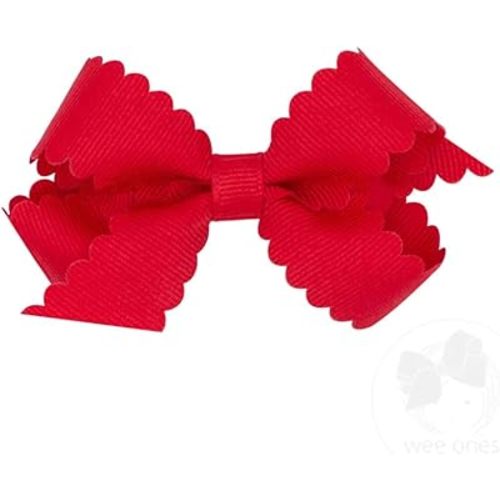 Wee Ones Girls' Classic Grosgrain Hair Bow with Scalloped Edges, No-Slip Hair Clip, Handmade, Red, Mini
