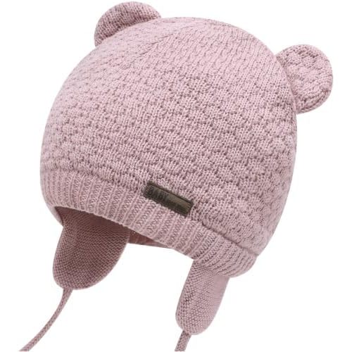 Baby Winter Hat, Bear Knit Earflaps Cotton Lined for Toddler Kids