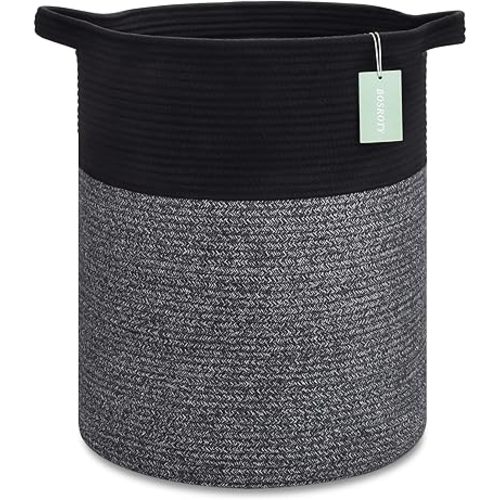 BOSROTY Large Laundry Hamper for Girls Boys Kids 72L, Nursery Hamper, Tall Laundry Basket, Cotton Rope Woven Blanket Basket for Storage Toys Clothes Towels, 16”x 22”, Black & Gray