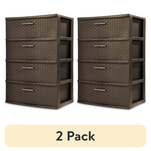 (2 pack) Sterilite 4 Drawer Wide Weave Tower, Plastic Décor Drawers with Pull Handles, Brown