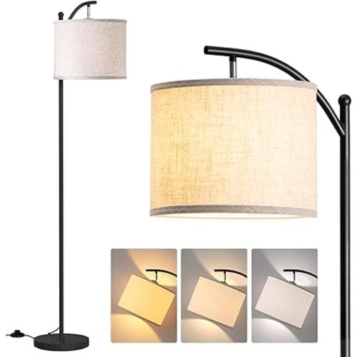 addlon Floor Lamp for Living Room with 3 Color Temperatures, Standing lamp with Linen lampshade for Bedroom, Office, Lamps with 9W LED Bulb Included - Black with Beige Lampshade