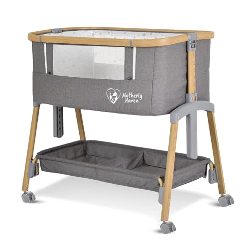 Motherly Haven Baby Bassinet Bedside Sleeper 53"L x 29"W x 63"H, Light Grey | Breathable Mesh Sides with 7 Adjustable Height & Secure Lock System, Portable Foldable Design with Storage Basket & Mattress