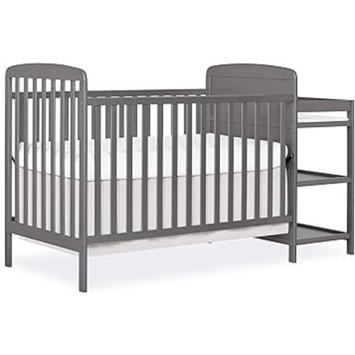 Dream On Me Anna 3-in-1 Convertible Full-Size Baby Crib & Changer with Storage in Steel Grey, GreenGuard Gold & JPMA, Pinewood, Converts to Day & Toddler Bed, 3 Mattress Heights, 1″ Changing Pad
