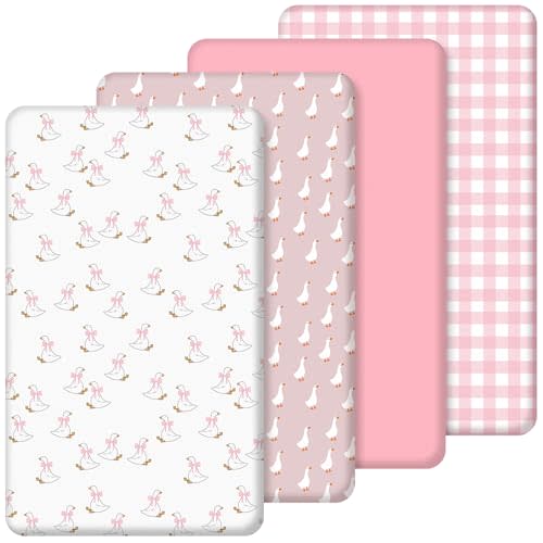 SmoothNovelty 4 Pack Silly Goose Crib Fitted Sheet for Boys Girls - 52" x 28" Fitted Baby Sheet with Goose and Gingham Style for Standard Mattress Gift Set, Microfiber & Soft Breathable(Pink)