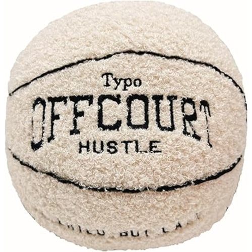 2023 New Offcourt Basketball Pillow, 11" Basketball Shaped Teddy Fleece Embroidered Throw Pillow Fuzzy Plush Toy Gifts for Kids Boys Girls (Beige)