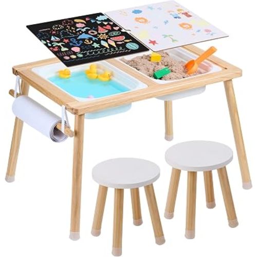 VEVOR Sensory Table and Chairs Set, Toddlers Activity Table with 2 Stools, 2 Storage Bins & Paper Roll Holder, Indoor/Outdoor Play Sand and Water Table, Wooden Kids Sensory Table - Gift for Boys Girls