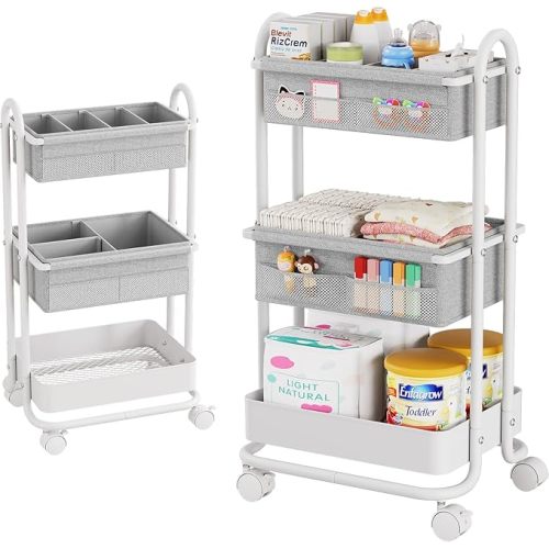 Baby Diaper Caddy Organizer Cart - 3 Tier Rolling Storage Cart with Wheels, Baby Essentials Nursery Storage, Detachable Dividers - for Crib, Bedroom, Art & Craft Organizer (Off White)