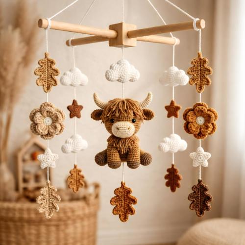 Crochet Highland Cattle Baby Mobile, Boho Farm Nursery Decor, Highland Cow Baby Mobile Crochet, Handmade Neutral Nursery Decor