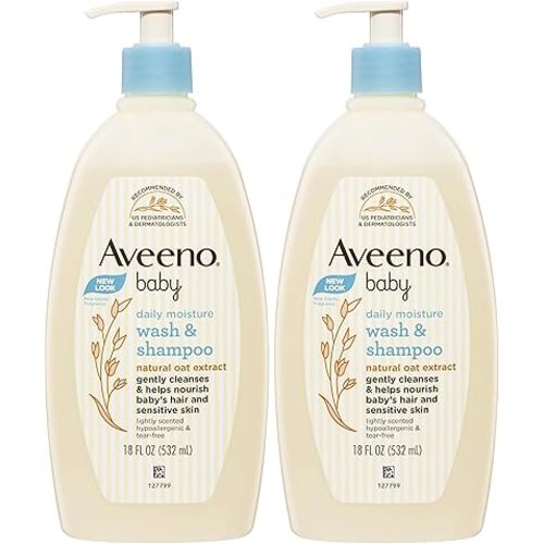 Aveeno Baby Daily Moisture Lightly Scented Sensitive Wash & Shampoo 532mL|Gentle for Newborns and Babies with Sensitive Skin| Use as Baby Shampoo and Baby Bath Wash (Pack of 2)