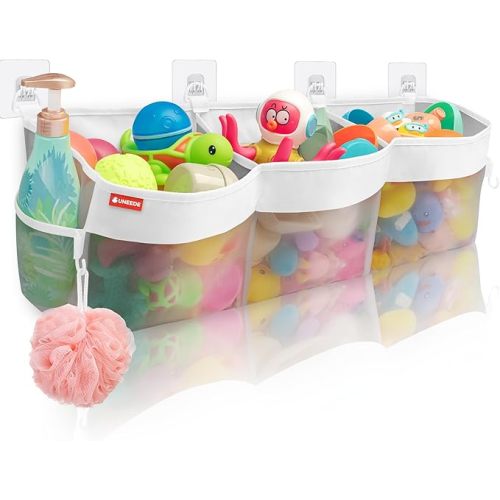 UNEEDE 3 Compartment Horizontal Bath Toy Organizer for Tub,Extra Large Capacity 4.95 Gallons Bath Toy Storage Holder,Mesh Quick Dry Bathtub Storage and Organizer,Easy Access Baby Bathtub Holder