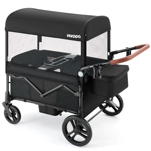 Harppa Remy Wagon Stroller for 4 Kids, 280Ibs Capacity with 4 Seater | Foldable Wagon for Kids, 4 Seater Stroller Wagon with Mosquito Net, Canopy UPF50+, 8''/12''All-Terrain Wheels for park