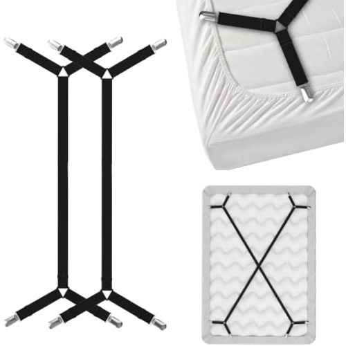 FeelAtHome Bed Sheet Holder Straps Criss-Cross - Sheets Stays Suspenders Keeping Fitted Or Flat Bedsheet in Place - for Twin Queen King Mattress Holders Elastic Clips Grippers Fasteners Garters Bands