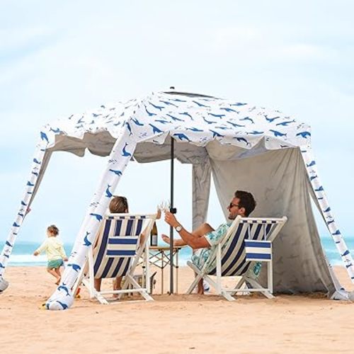 Beach Cabana - 6FT Beach Umbrella with UPF 100+ UV Protection & Sunshade Curtain - Waterproof Tent - Portable Shade, Easy to Set Up, Perfect for Family & Friends (Blue Whale)