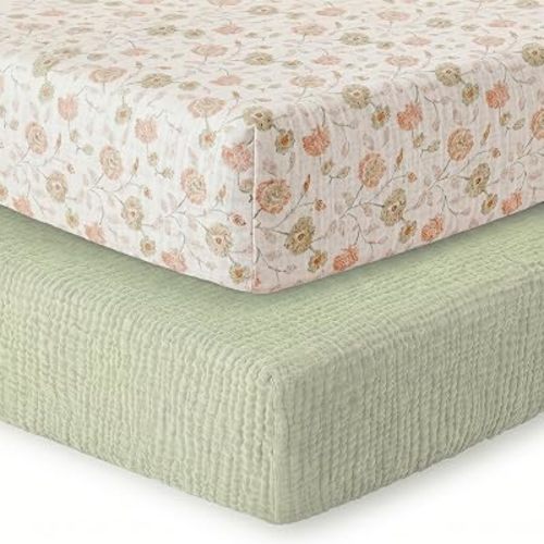 2 Pack Muslin Crib Sheets for Boy Girl - Neutral Fitted Baby Crib Sheets for Standard Toddler Crib Mattress - 52” x 28” Soft Breathable Cotton Baby Bed Sheets - Matcha & Floral