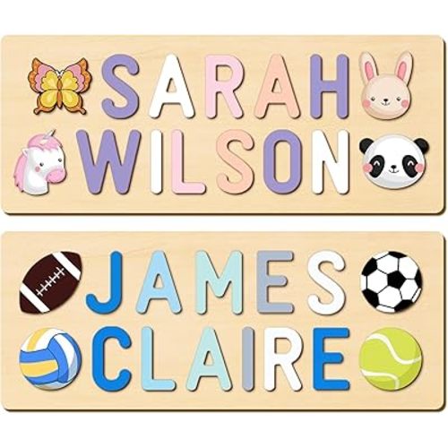Personalized Name Puzzle for Kids, Easter Basket Stuffers, Custom Wooden Puzzle for Toddlers 1-3, First Birthday Gifts for Baby boy Girl, Montessori Learning Toys