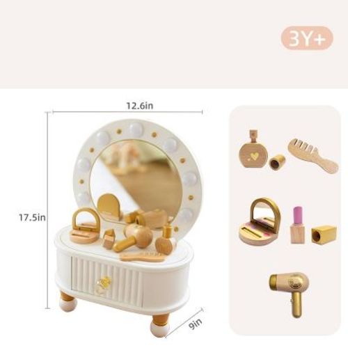 Freniland™ - Wooden Toddler Vanity Set with Mirror and Light | Pretend Play Beauty Table with Accessories | Makeup Toy for Girls Ages 3+