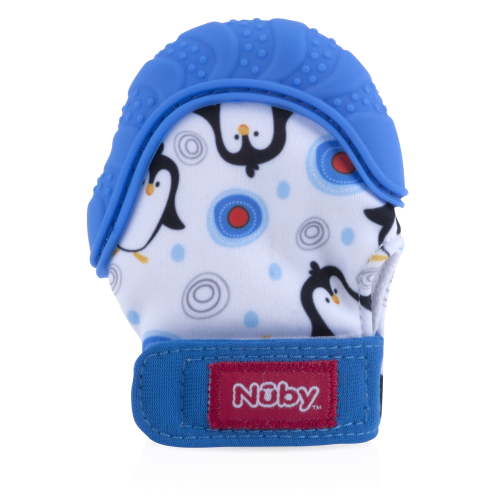 Nuby Baby Teething Mitten with Hygienic Travel Bag, Blue Penguin