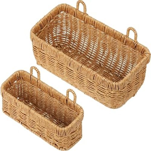Tioncy 2 Pcs Woven Hanging Wall Baskets for Storage Boho Style Hanging Storage Plastic Woven Baskets with 4 Hooks for Kitchen Garden Living Room