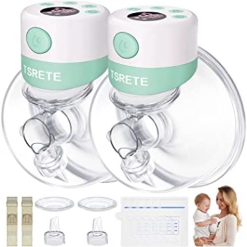 TSRETE Double Wearable Breast Pump, Electric Hands-Free Breast Pumps with 2 Modes, 9 Levels, LCD Display, Memory Function Rechargeable with Massage and Pumping Mode 24mm Flange-Green