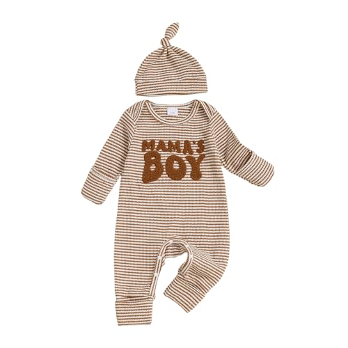 Sejardin Newborn Infant Baby Boy Fall Clothes Waffle Romper Letter Embroidery Long Sleeve Crew Neck Jumpsuit with Hat