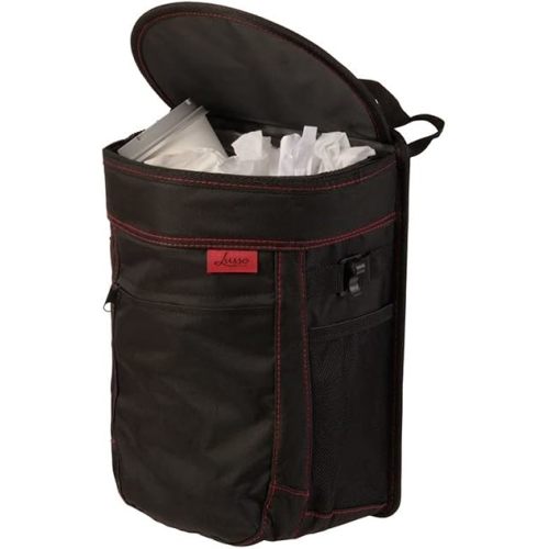 Lusso Gear Spill-Proof Car Trash Can - Leak-Proof Lid & Removable Liner for Car Bin - Travel Organizer with Mesh Pockets - 2.5 Gal, Black w Red Stitching