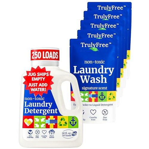 Truly Free Natural Laundry Detergent for Sensitive Skin | Eco Friendly, Plant Based, Baby Clothes Safe | Clean & Easy Powder to Liquid, 5 Pack Detergent + 1 Refillable Jug | Signature Scent 250 Loads