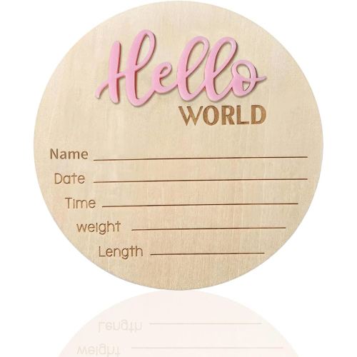 Baby Announcement Sign - 5.9 Inch Wooden Hello World Newborn Sign, Birth Announcement, Baby Shower Hospital Nursery for Newborn Boys and Girls (Pink)