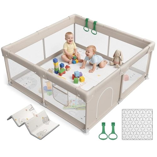 ZEEBABA Baby Playpen with Mat, Playpen for Babies and Toddlers, Small Baby Play Pens, Play Yard for Infants with Play Mat, 47x47inch Playard with Gate