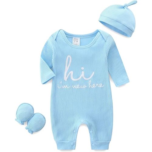 Newborn Unisex Baby Clothes 0-3 Months,Long Sleeve Onesie Infant Coming Home Outfits Romper with Mittens & Hat
